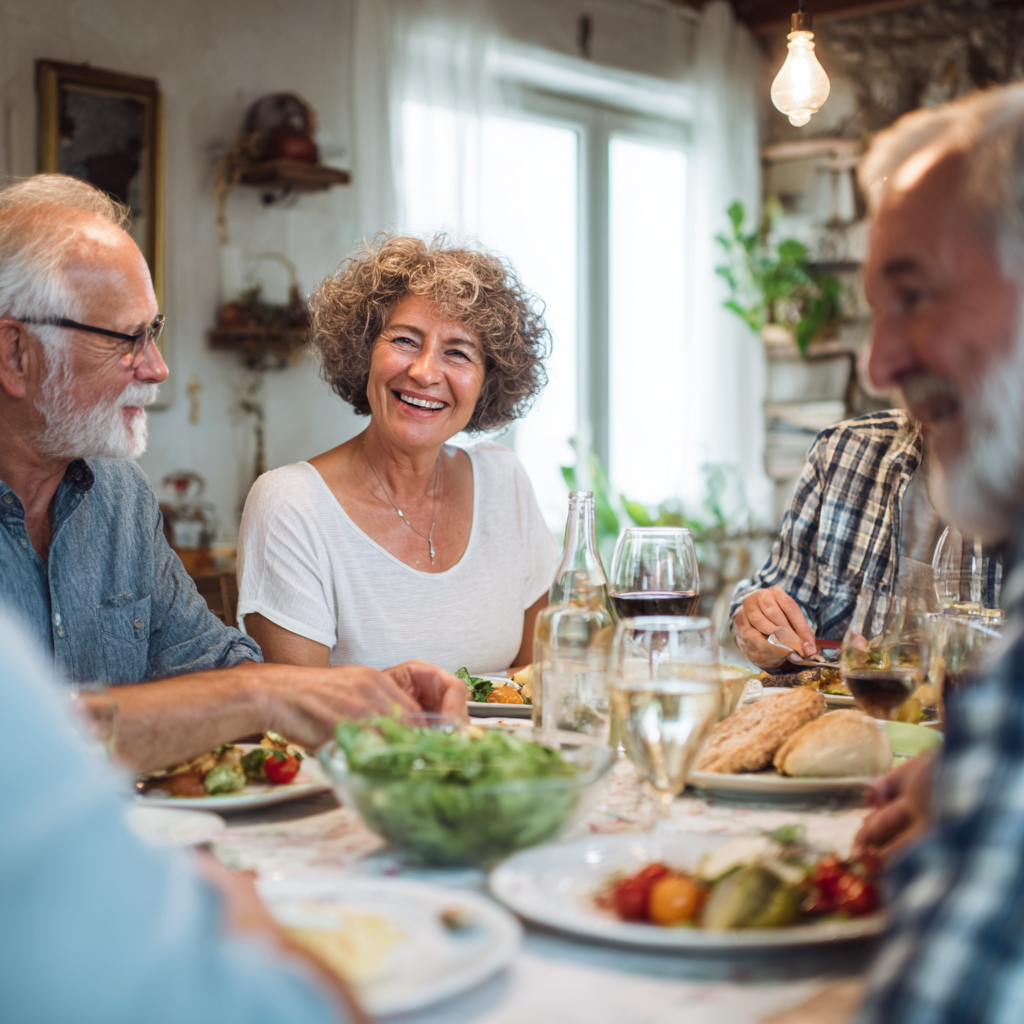 Group of middle-aged adults sharing a healthy meal together, smiling and enjoying conversation at a dining table