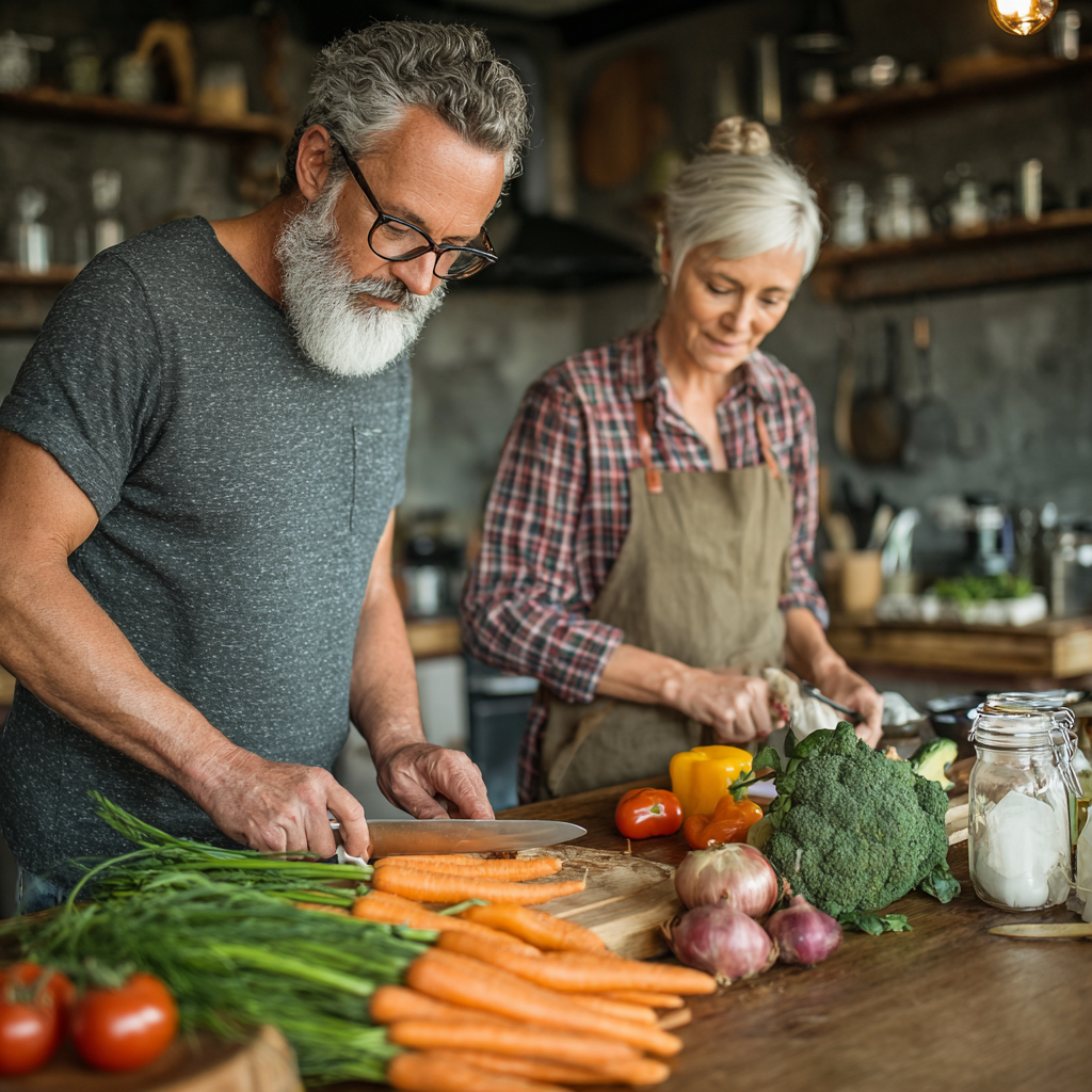 Middle-aged adults preparing fresh vegetables in a bright kitchen, focusing on healthy meal planning